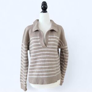 Wilfred Aritzia Womens Tan Striped Wool Preppy Minimalist Collared Carla Sweater